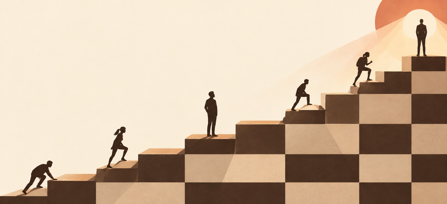 A professional standing still on a comfortable middle step while others climb: comfort mode illustration