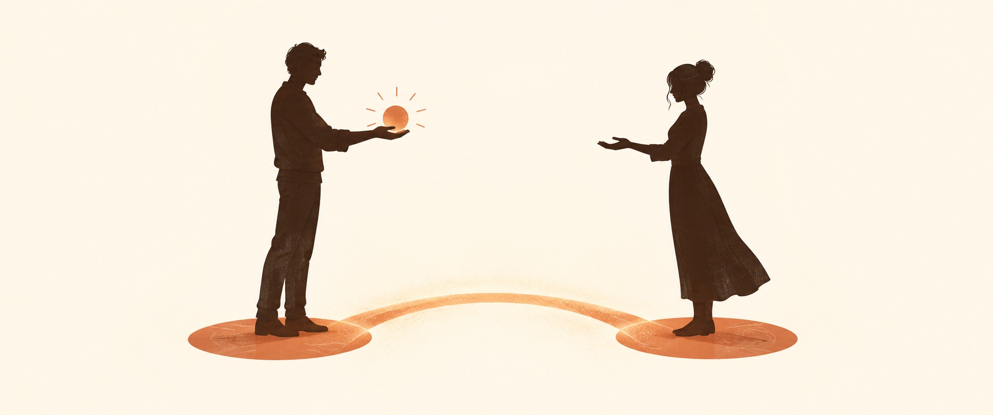 Two figures connected by a bridge of light with a glowing orb: feeling heard in conversation