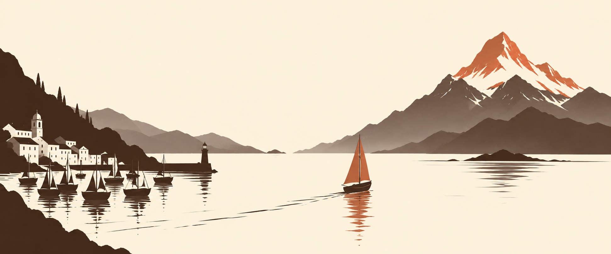 A small sailboat heading to a distant mountain while others stay in harbor: game size