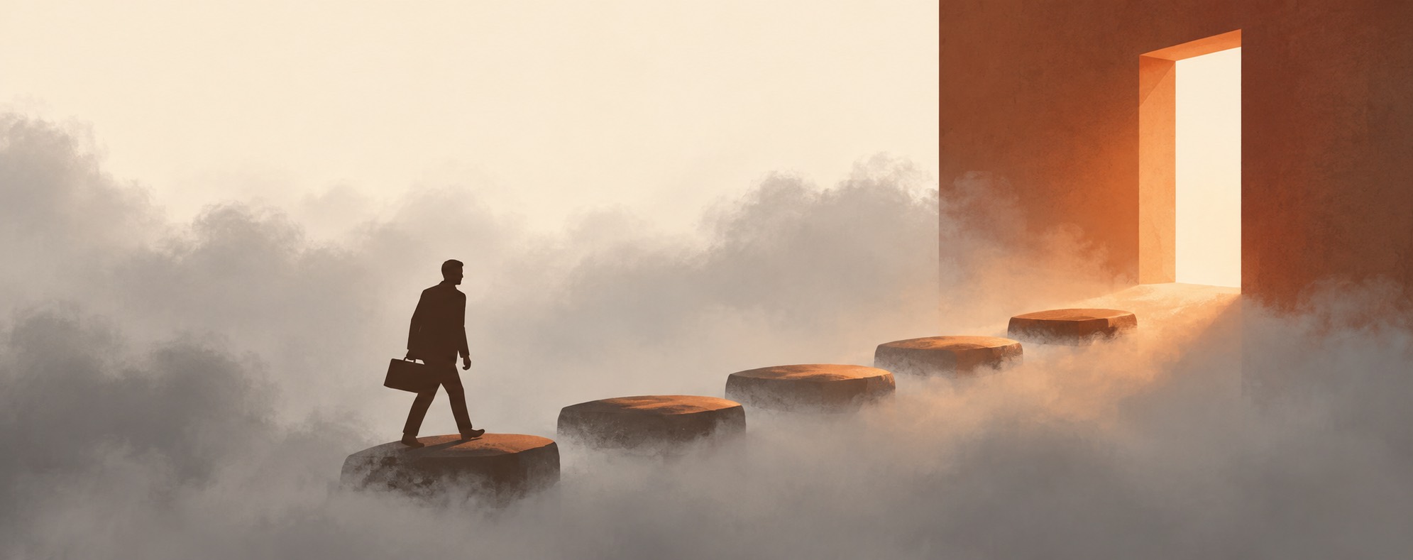 A leader walking out of fog toward a door with five stepping stones: the survival mode exit